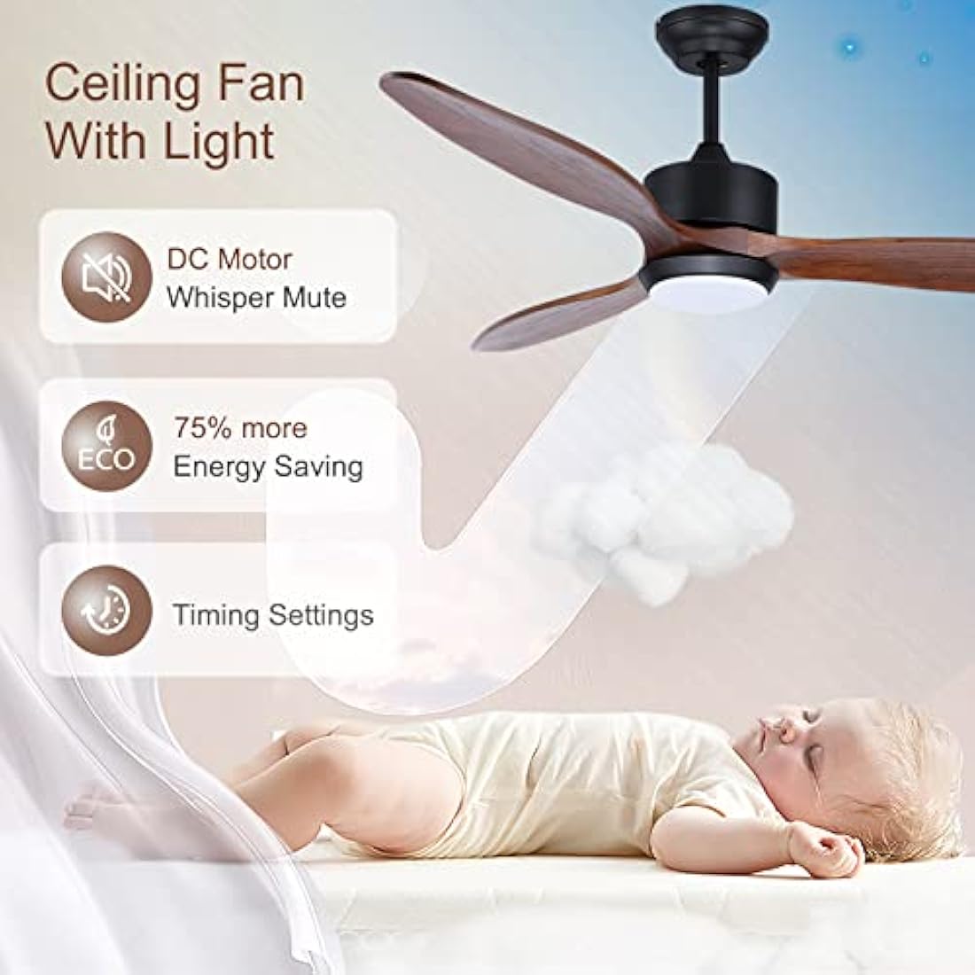 Ovlaim 132cm Wood Ceiling Fan with LED Lights and Remote Control, Quiet DC Motor Fans with 3 Wood Blades for Home Bedroom Living Room Patio, IP44 Waterproof
