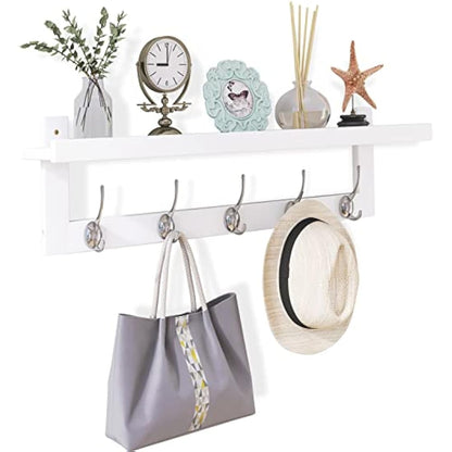 SMIBUY Coat Hooks with Shelf Wall-Mounted, 74 cm Entryway Coat Rack for Wall, Bamboo Hanging Shelf with 5 Double Metal Hooks for Bathroom, Bedroom, Kitchen, Living Room, Mudroom (White)
