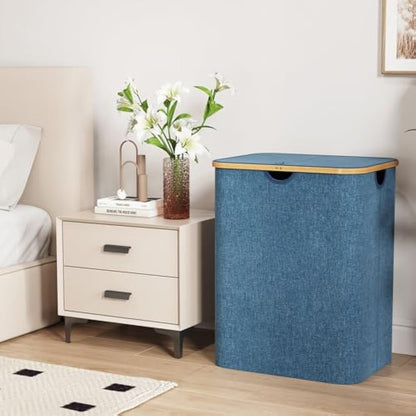 Lifewit 120L Laundry Basket with Lid, Clothes Hampers for Laundry with Bamboo Handles and A Removable Laundry Bag, Large Foldable Laundry Hamper for Bedroom, Bathroom, Dorm, Laundry Room, Dark blue