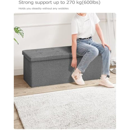 Bonlife Extra Large Folding Ottoman Storage Box,Linen Toy Storage Chest,Window Seat with Storage Trunk,End of Bed Bench,Grey 110x38x38cm