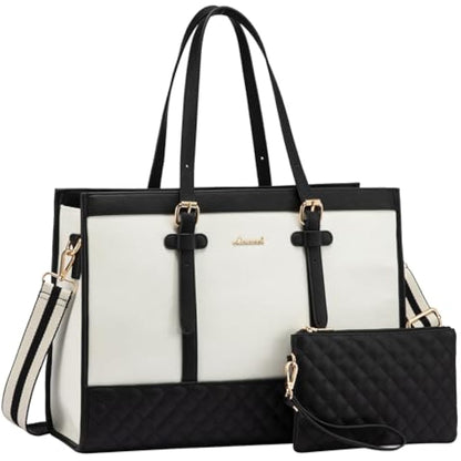 LOVEVOOK Laptop Bags for Women 15.6 Inch, Ladies Handbags for Work Business, Womens Large Tote Bag, Shoulder Bag with Clutch Lightweight for Office Business School College Shopping, Black White