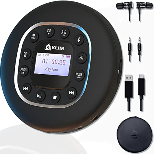KLIM Journey - Portable CD Player with Long-Lasting Battery - New - with Headphones - Radio FM - Compatible MP3 CD Player Portable - SD Card, FM Transmitter, Bluetooth - Ideal for Cars - Black