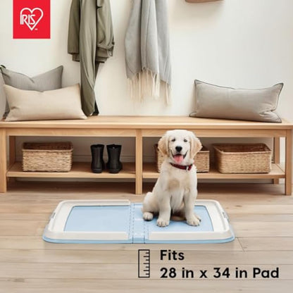IRIS USA Pee Pad Holder, XL, Marking and Leg Lifting Dog Pad Holder, Foldable, Secured Latches, Non-Skid Rubber Feet, High Polish Finish for Easy Cleaning, Fits 23"x35" Pad or Larger, Blue