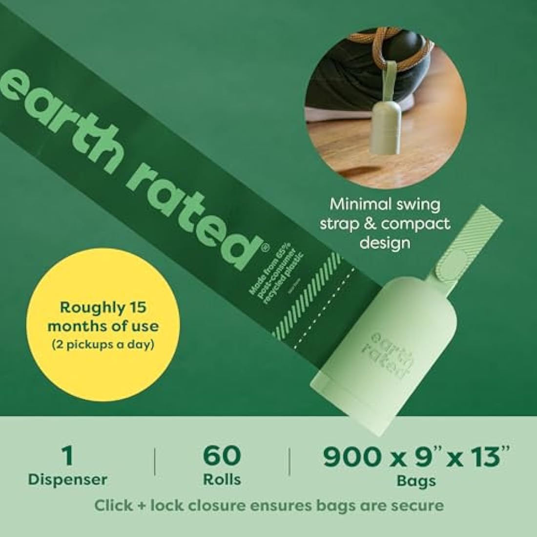 Earth Rated Dog Poo Bag Holder with Dog Poo Bags Rolls, Durable and Guaranteed Leakproof, Lavender Scented, 1 Dispenser and 900 Bags