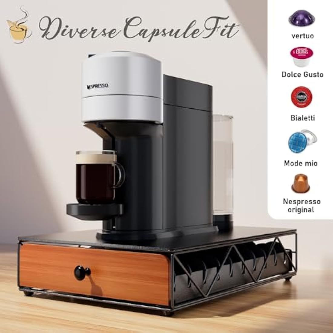 Metal Coffee Pod Holder for 50 Nespresso Vertuo Capsules Pods & 50 Dolce Gusto Pods, HFHOME Nespresso Vertuoline Capsule Drawer Organiser Coffee Machine Stand