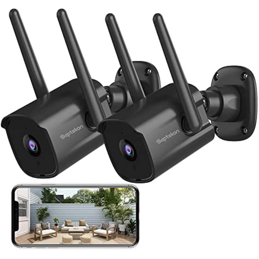 Septekon Security Camera Outdoor CCTV Camera Wireless 2 Pack, 2K Dual Antenna WiFi Home Surveillance Cameras with IP66 Waterproof, Night Vision, AI Motion Detection, 2-Way Audio, Black
