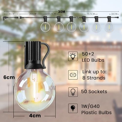 Svater Outdoor String Lights Main Powered 200FT, 60M Linkable Festoon Lights 104 LED G40 Plastic Bulbs Waterppoof IP45 Garden Lights for Patio Backyard Party Wedding Cafe