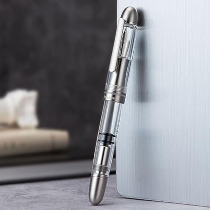 Asvine P36 Titanium Fountain Pen Piston Filling, Bock Medium Nib Clear Transparent Acrylic Smooth Writing Pen Case Set, Torpedo shape