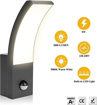 HLFVLITE Outdoor Wall Light with Motion Sensor - PIR LED Exterior Light, IP54 Waterproof, Aluminum Outside Wall lamp for Patio, Terrace, Hallway, Garage, and Porch - 3000K, 1000LM, Black