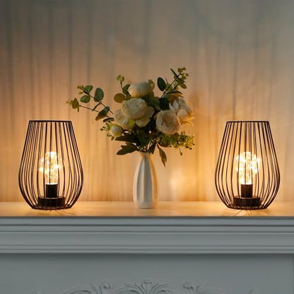 TRIROCKS Metal Cordless Table Lamp 20cm Tall Set of 2 Cage Shape Battery Operated Lanterns with Fairy Lights Bulb for Indoor/Outdoor Use Perfect for Christmas Garden Weddings Events (Black)