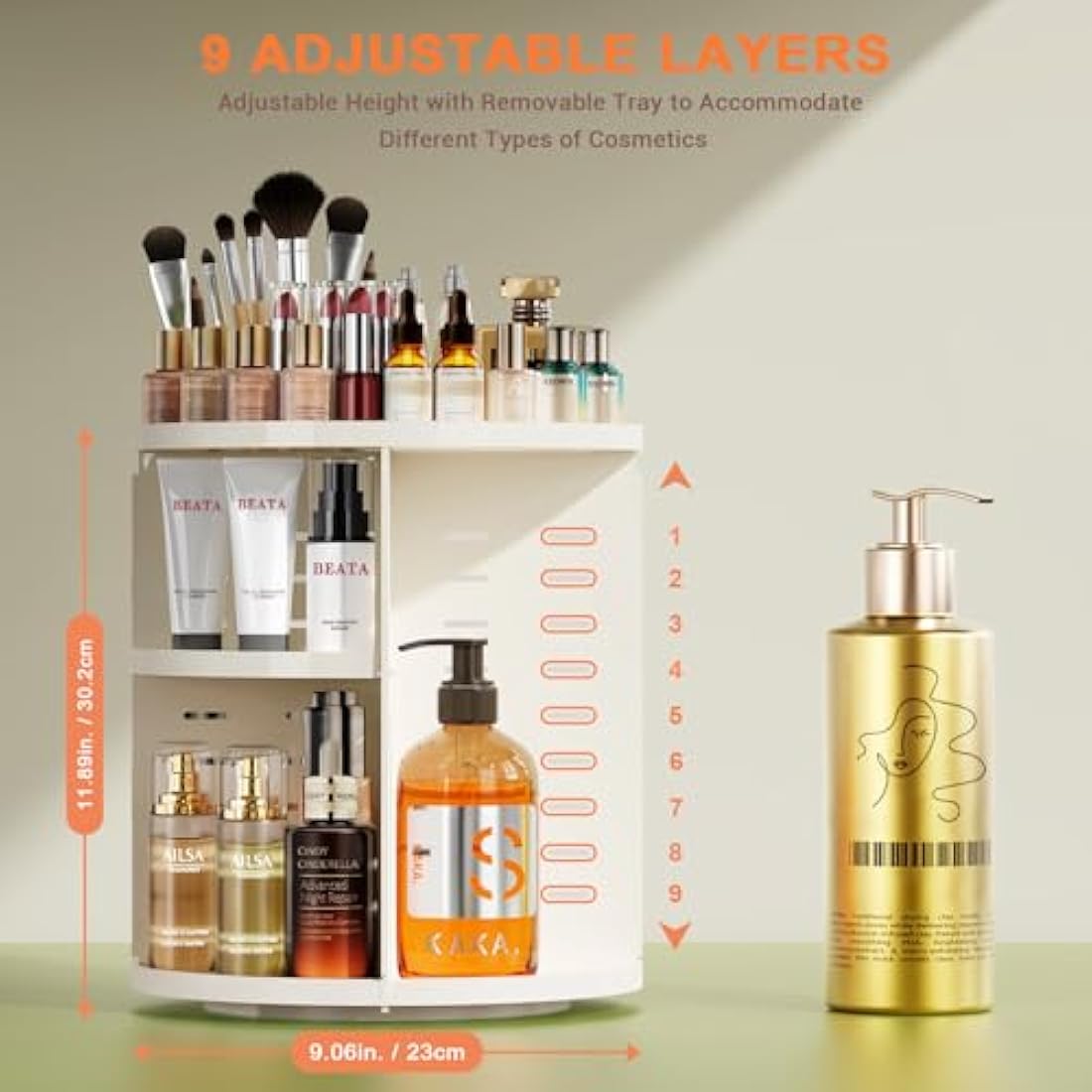 Auxmir Rotating Makeup Organiser, 9-Tier Adjustable Makeup Organiser with 360 Degree Rotation, Large Capacity Spinning Makeup Storage on Stand Revolving for Vanity Table, Bedroom, Bathroom, White