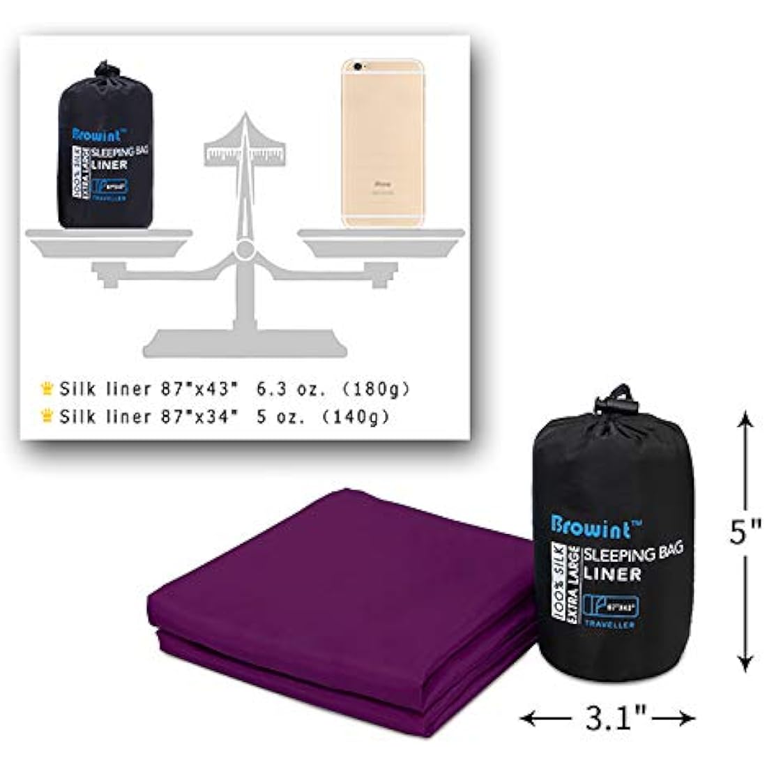 BROWINT Silk Sleeping Bag Liner, Silk Sleep Sack, Extra Wide 220x110cm, Lightweight Travel Sheet for Hotels, Sleeper with Reinforced Gussets