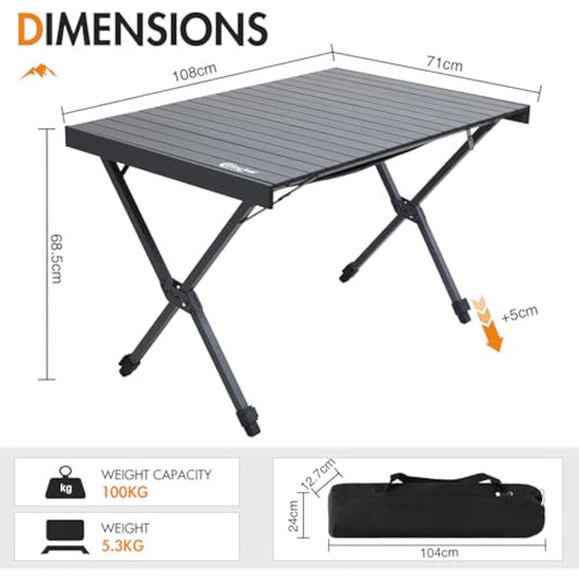 PORTAL Large Camping Table Folding 108x71cm Height Adjustable Picnic Table Foldable All Aluminum Roll Up Top Collapsible Outdoor Desk Lightweight Garden Table Load 100KG for Caravan BBQ Dining Beach