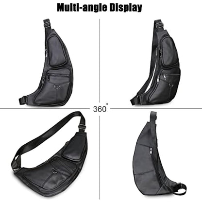 FANDARE Retro Sling Bag - Genuine Leather Chest Crossbody Bag for Business Travel Hiking Bicycle Sport Gym Pack - Black