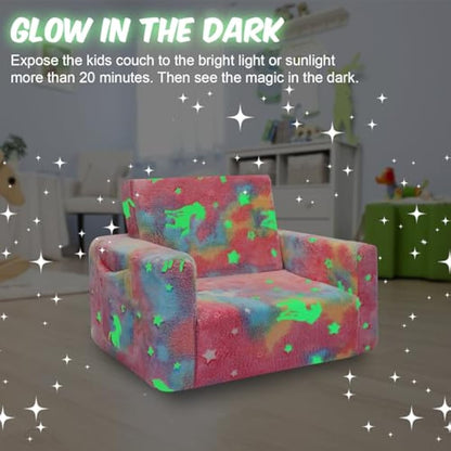 SLIGUY Toddler Couch, Kids Convertible Sofa to Lounger Pull Out Couch, Glow in the Dark Sofa Chair Gifts for Boys and Girls (Pink Unicorn)