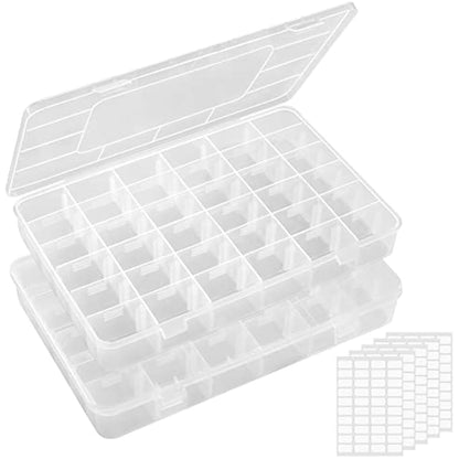 Lifewit 2 Pack 36 Grids Organiser Storage Box, Fishing Tackle Box, Clear Stackable Plastic Container with Adjustable Dividers for Beads, Art DIY, Crafts, Jewelry, with 5 Sheet Label Stickers