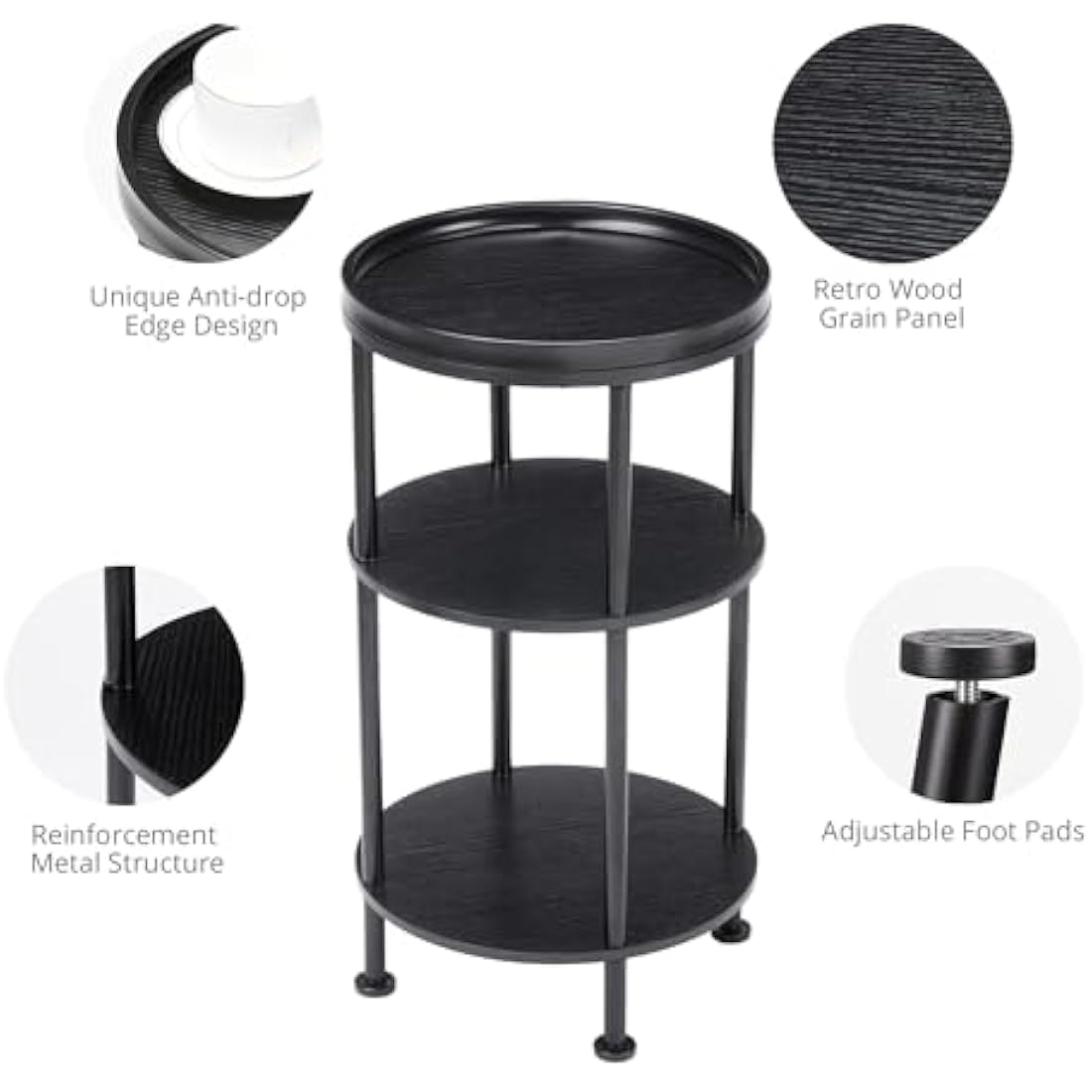 YEAKOO Nordic End Table, 3-Tier 30cm Round Side Table with Storage Shelf Edge Protection Tray, Sturdy Metal Frame Coffee Table Bedside Table for Living Room Bedroom Small Spaces/Black