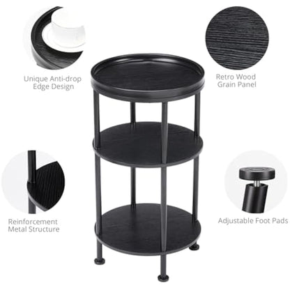 YEAKOO Nordic End Table, 3-Tier 30cm Round Side Table with Storage Shelf Edge Protection Tray, Sturdy Metal Frame Coffee Table Bedside Table for Living Room Bedroom Small Spaces/Black