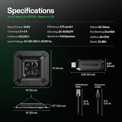 VIVOSUN LED Grow Lamp 100 W Full Spectrum Plant Lamp with Integrated Circulation Fan Grow Light Compatible with App, AeroLight A100SE with GrowHub Controller E25 for 60 x 60 cm Grow Tent