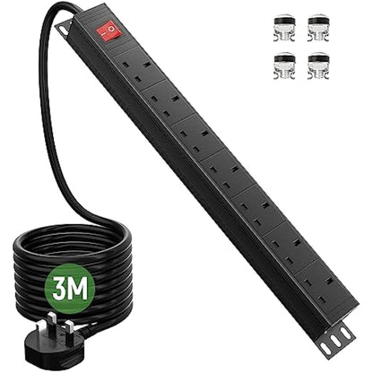Surge Protected Extension Lead 3M, HANNELORE 7 Way Power Strip with Switch, Power Distribution Unit PDU Rack Mount Power Strip, 13Amp Multi Plug Extension Sockets for Home, Office and Industrial Use