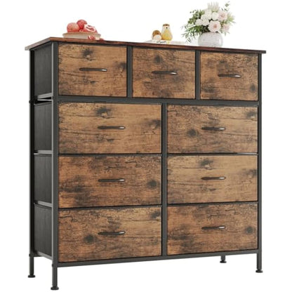 CAIYUN Chest of Drawers,Dresser for Bedroom with 9 Drawers,Fabric Dresser with Wood Top and Large Storage Space, Easy to Assemble, for Bedroom, Living room, Rustic Brown