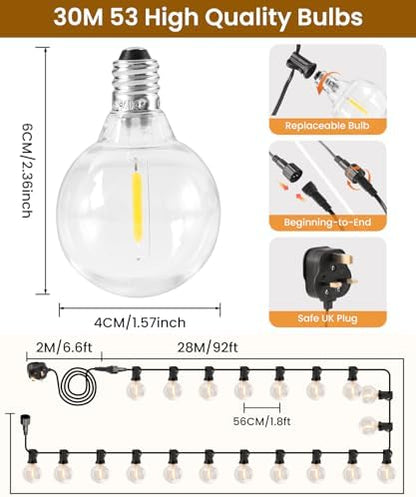 ZYRIVON 30M/100FT Outdoor Lights Mains Powered, 50+3 LED Garden Lights, Shatterproof Waterproof Outside Lights, Warm White String Lights for Garden, Yard, Wedding, Christmas, Gazebo, Fence, Roof