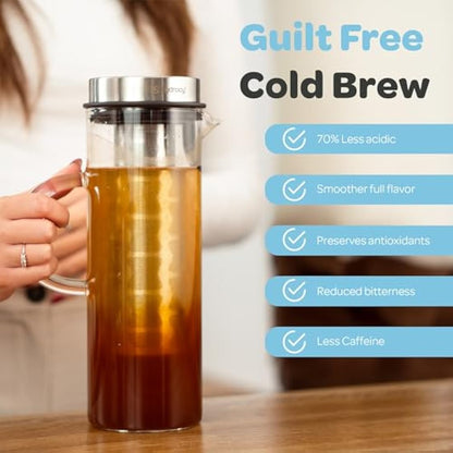 Hydracy Glass Infusion Carafe 1.5L with Handle- Cafetières Hot Coffee Server - Iced Coffee & Iced Tea Jug with Stainless Steel Lid and Filter - Extra Fruit Infusion Tube - Dishwasher Safe Pitcher