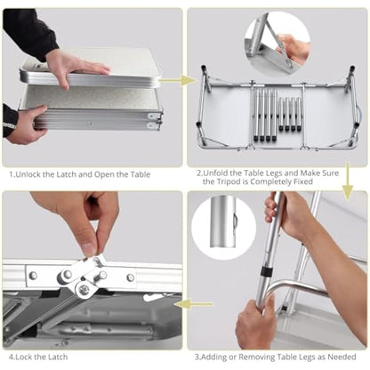 Anbte Folding Camping Table, 88 cm x 40 cm Aluminum Folding Table 3 Adjustable Height, Camping Table with Storage Net and Bag, Portable Table for Outdoor, Backyard, Picnic, Garden, BBQ, Silver