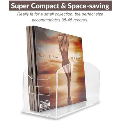 Meicloud Acrylic Vinyl Record Holder - Modern Vinyl Record Storage Box, LP Record Display Stand, Clear Lucite Record Case with Handles, Holds Up to 30-45 Records