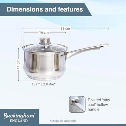 Buckingham Deep Saucepan with Tempered Glass Lid Premium Stainless Steel Cooking Pot Suitable all Heat Source Including Induction 16 Cm 2 Litres by Buckingham
