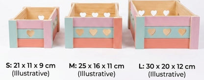 Set of 3 Wooden Crates with Heart Design – Living Room Storage & Gift Boxes – Stackable Decorative Pine Wood Boxes