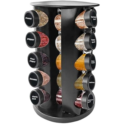 Wize Products - Black Countertop Rotating Spice Rack, 20 Empty-Jars Revolving Organiser 360°, Free Standing Round Carousel Tower, Spice Labels with Funnel for Kitchen Countertop