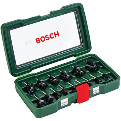 Bosch 2607019468 15-Piece Carbide Router Bit Set (for Wood, 1/4-Inch Shank, Accessories for Routers), Silver/Black