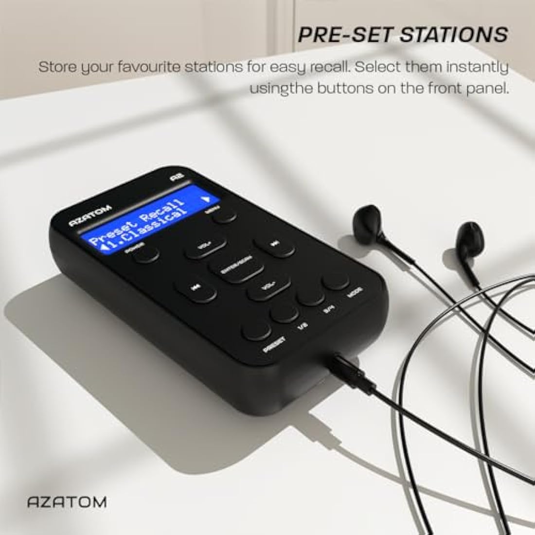 Portable DAB/DAB+ & FM Digital Radio | Sports Earphones Included | Clear Digital Display | Rechargeable Battery (10-12 Hours) | Perfect for Sports, Hiking or Working | AZATOM A2 (Black)