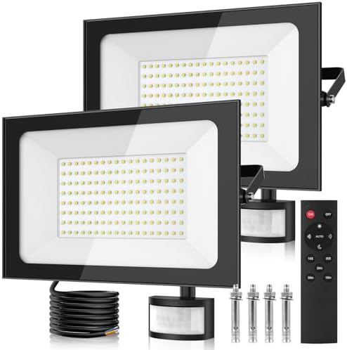 150W Security Lights with PIR Motion Sensor,IR Remote Control,15000LM 6500K Super Bright LED Floodlights Outdoor,IP65 Waterproof Spotlight,Ultra Thin Wall Lights for Garden Garage Yard Doorways-2 Pack