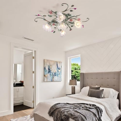 meibeileil Country Villa Ceiling Lights,Chandelier with Glass Lampshade and Pink Ceramic Roses,Vintage Flower Design Light Fittings Ceilings for Living Room Bedroom Restaurant Hallway