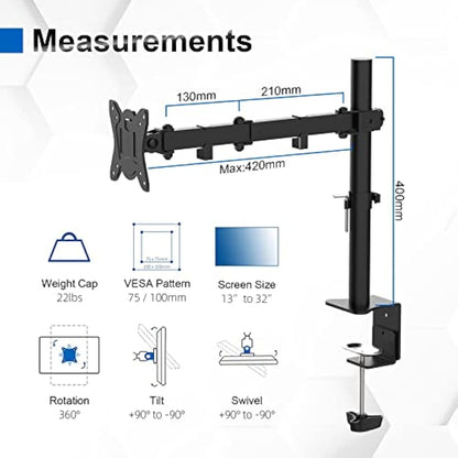 GRIFEMA Single Monitor Arm Desk Mount for 13" to 32" Screens, 2 Mouting Options with Tilt Swivel Rotation, Max. Load 10kg, VESA 75x75 100x100 GB2001-1,Black/White
