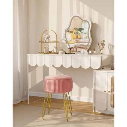 IBUYKE Velvet Storage Footrest Stool Ottoman, Makeup Vanity Stool Side Table with Golden Steel Legs Removable Cover, Coffee Table Top Cover, Pink L/G-20P