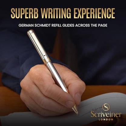 Scriveiner Silver Chrome Rollerball Pen - Stunning Luxury Pen, Real Gold Plating, Schmidt Ink Refill, Best Roller Ball Pen Gift Set for Men & Women, Professional, Executive Office, Nice, Fancy Pens