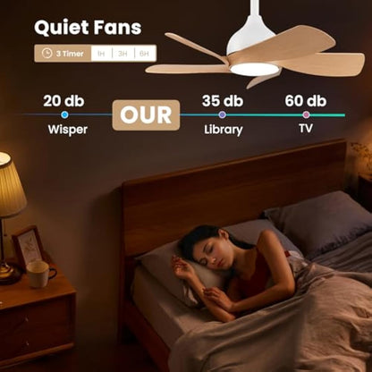 CJOY 30 inch Ceiling Fan Light, Woodgrain Ceiling Fans with Lights Dimmable, Memory 3CCT, 6 Speeds, Quiet, Reversible DC 5 Blades, Fan Lights Ceiling for Bedroom/Kids Room/Corridor/Aisle