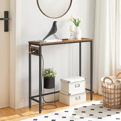 HOOBRO Console Table with Power Outlets, Slim Console Table with Charging Station, Hallway Table, Narrow Sofa Table for Small Space, Hallway, Entryway, Living Room, Rustic Brown and Black EBF75KXG01G1