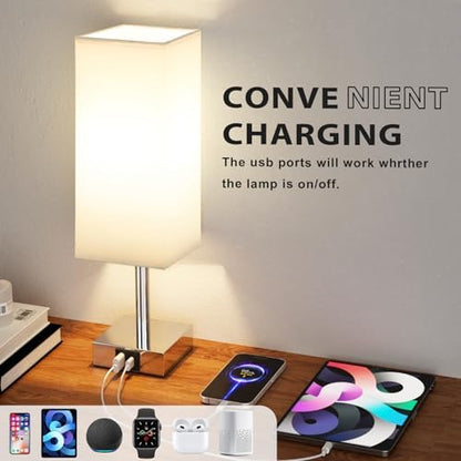 Aooshine Touch Control Bedside Lamps Set of 2, 3-Way Dimmable Table Lamp with USB-C+A Charging Ports, Bed Side Lamps for Bedroom with White Fabric Shade(Bulbs Included)