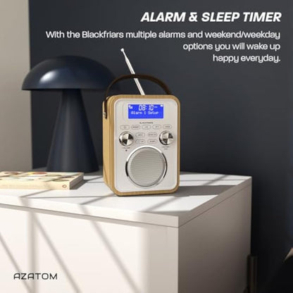 DAB/DAB+ & FM Portable Digital Radio | Bluetooth | Remote Control | Rechargeable Battery | Dual Alarms & Sleep Timer | Perfect for Home, Office or Outdoors | AZATOM Blackfriars 2 (OAK)
