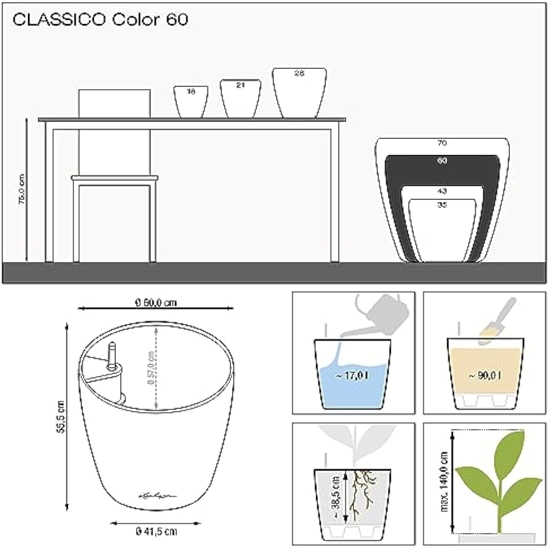 Lechuza CLASSICO Color 60 Self Watering Planter Large Garden Plastic Indoor and Outdoor Flower Plant Pot with Drainage Hole D60 H55.5 cm Slate