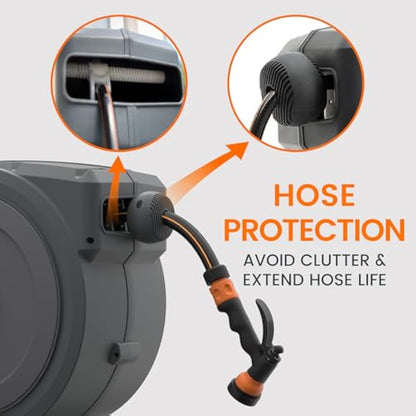 Giraffe Tools Retractable Hose Reel Wall Mounted, 35+2m Garden Hose Reel, 180° Pivotal with 7 in 1 Spray Nozzle, Grey