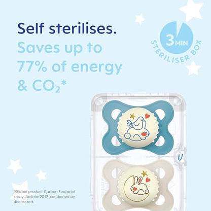 MAM Original Night Soothers | 0-6 Months | 2 Pack | Glow in The Dark | Comes in Dummy Steriliser Case | Baby Accessories for Newborn | Blue/Cream (Various Designs)