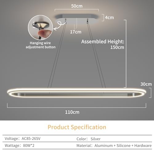 Mikeru Modern LED Oval Pendant Light, 110cm Kitchen Island Pendant Light, Dimmable 3000k-6500k Ceiling Chandelier, Brightness Adjustable 10%-100% for Office, Living Room, Island