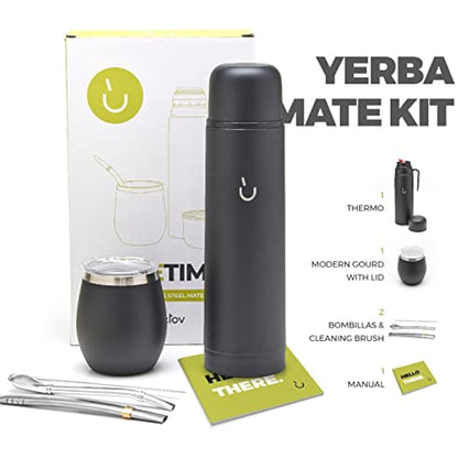 balibetov Complete Yerba Mate Set - Modern Mate Gourd, Vacuum Flask, Bombilla and Cleaning Brush Included - All Premium Quality 304 18/8 Stainless Steel (Black)