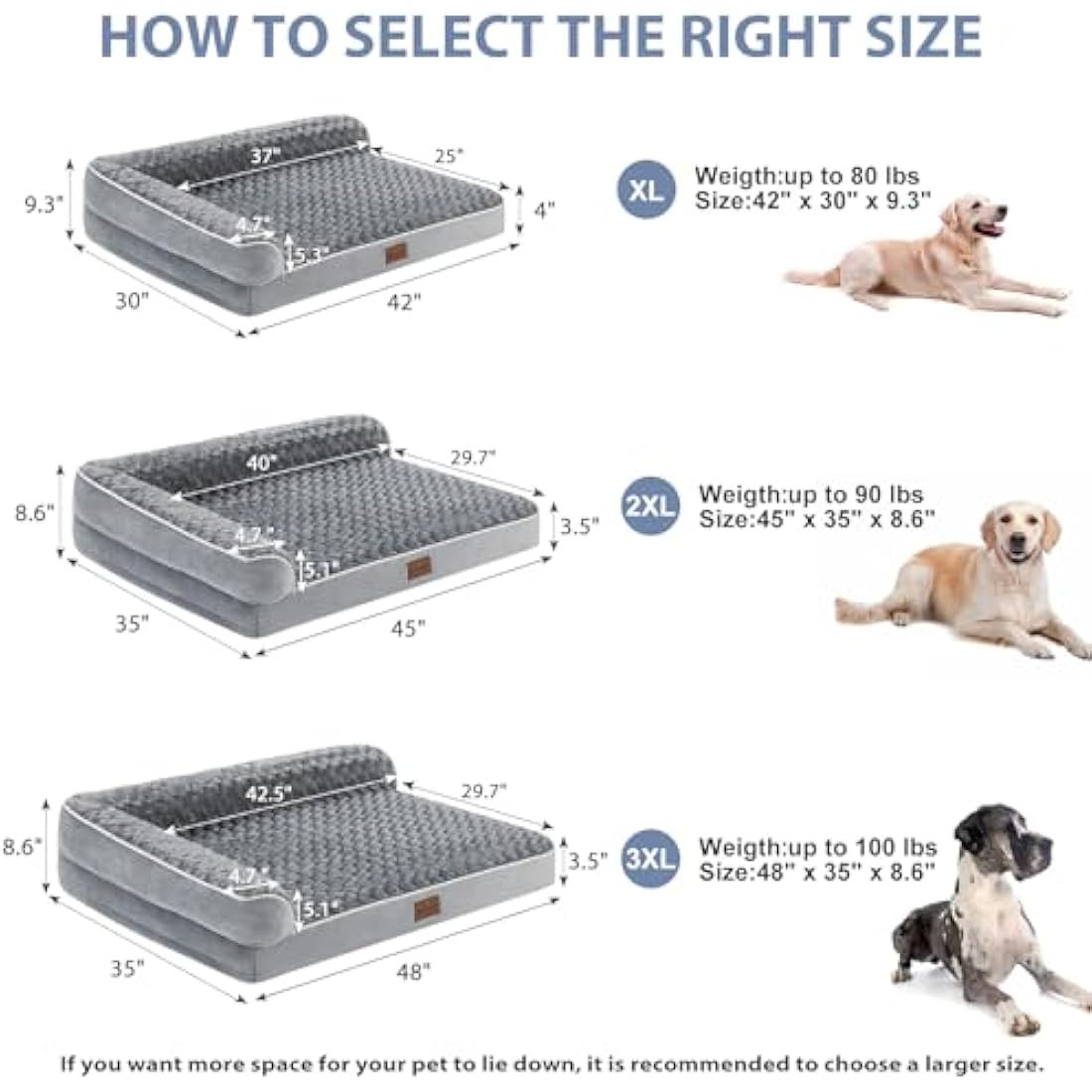BFPETHOME Large Orthopedic Dog Bed - Big Waterproof Sofa Dog Bed with Removable Washable Cover, Grey, 42"L x 30"W x 7.5"Th