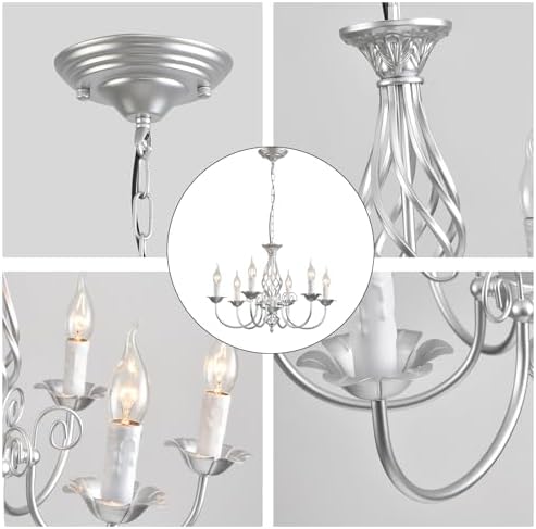 JIINOO French Country Chandeliers,Rustic Pendant Chandelier,Silver Vintage Height Adjustable Candle Wrought Iron Chandelier,6 Lights Farmhouse Pendant Light Fixture for Kitchen Dining Room Living Room